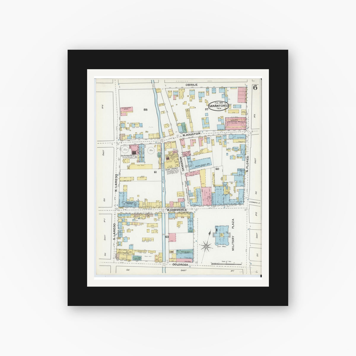 Old map wall art mockup — black gallery frame with white mat — Sanborn Fire Insurance Map from San Antonio, Bexar County, Texas (1892), Sheet #0006