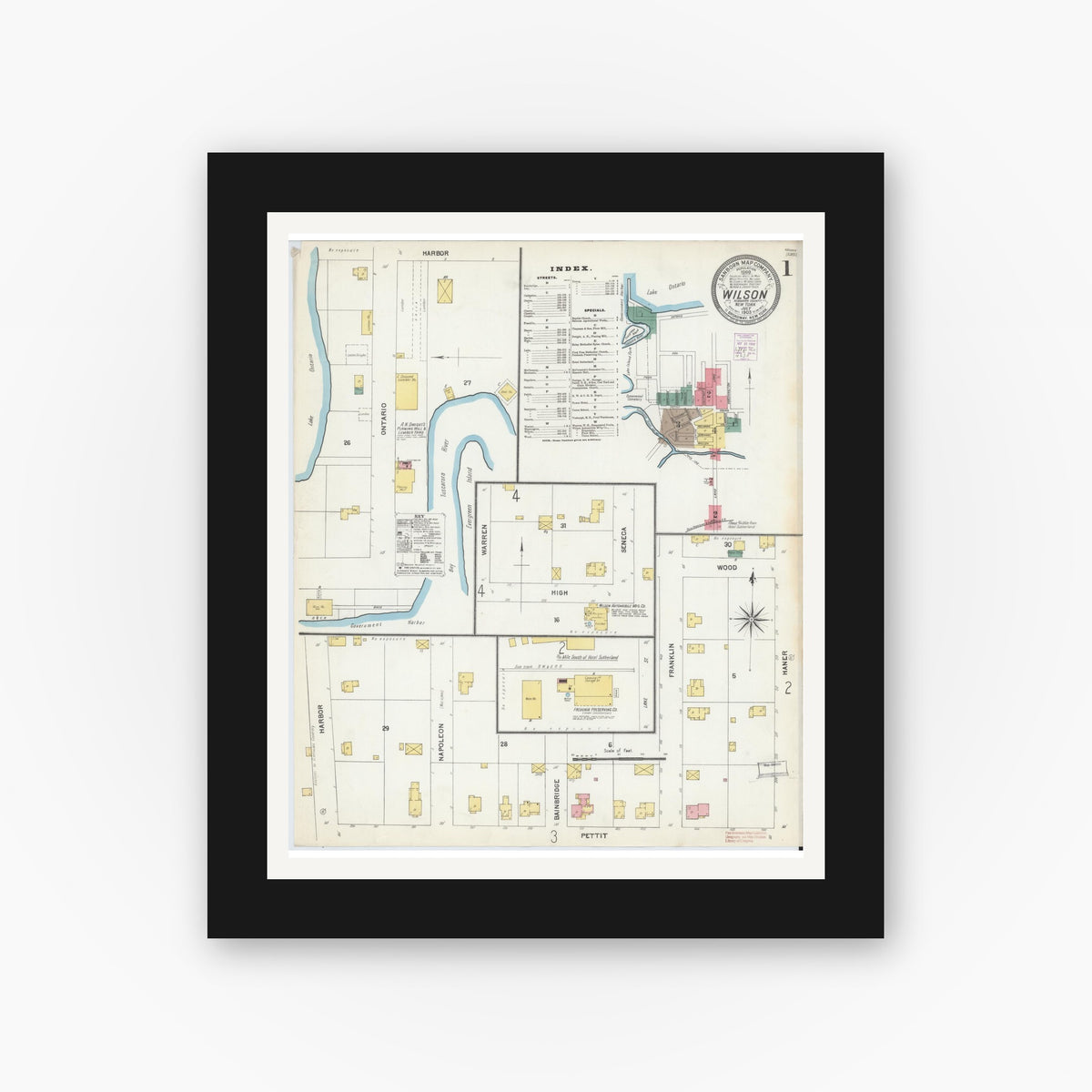 Old map wall art mockup — black gallery frame with white mat — Sanborn Fire Insurance Map from Wilson, Niagara County, New York (1903) - Complete Map Set