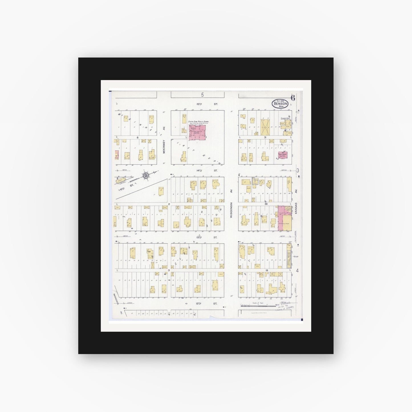 Old map wall art mockup — black gallery frame with white mat — Sanborn Fire Insurance Map from Benson, Swift County, Minnesota (1916), Sheet #0006