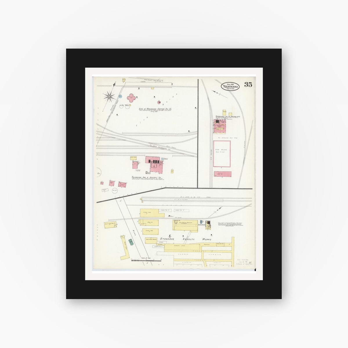 Old map wall art mockup — black gallery frame with white mat — Sanborn Fire Insurance Map from Texarkana, Bowie County, Texas (1909), Sheet #0035