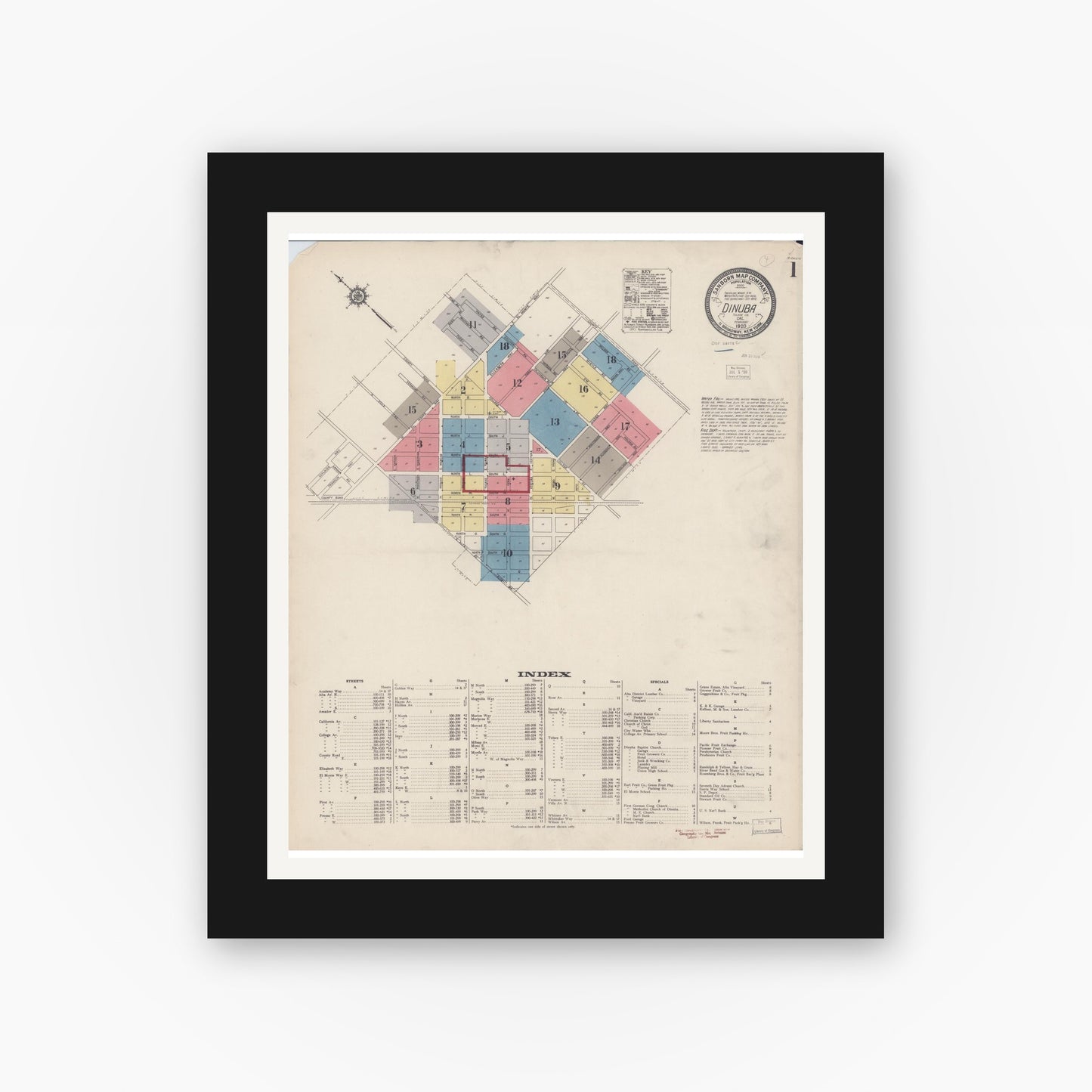 Old map wall art mockup — black gallery frame with white mat — Sanborn Fire Insurance Map from Dinuba, Tulare County, California (1920) - Complete Map Set