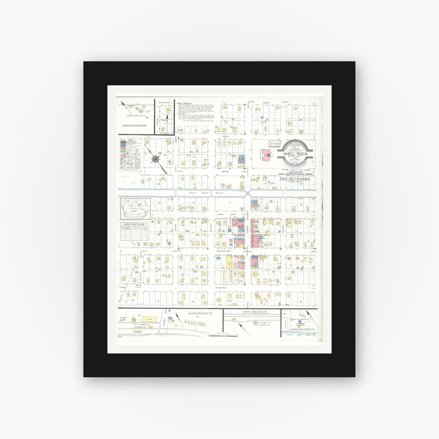 Old map wall art mockup β black gallery frame with white mat β Sanborn Fire Insurance Map from Shell Rock, Butler County, Iowa (1935), Sheet #0001