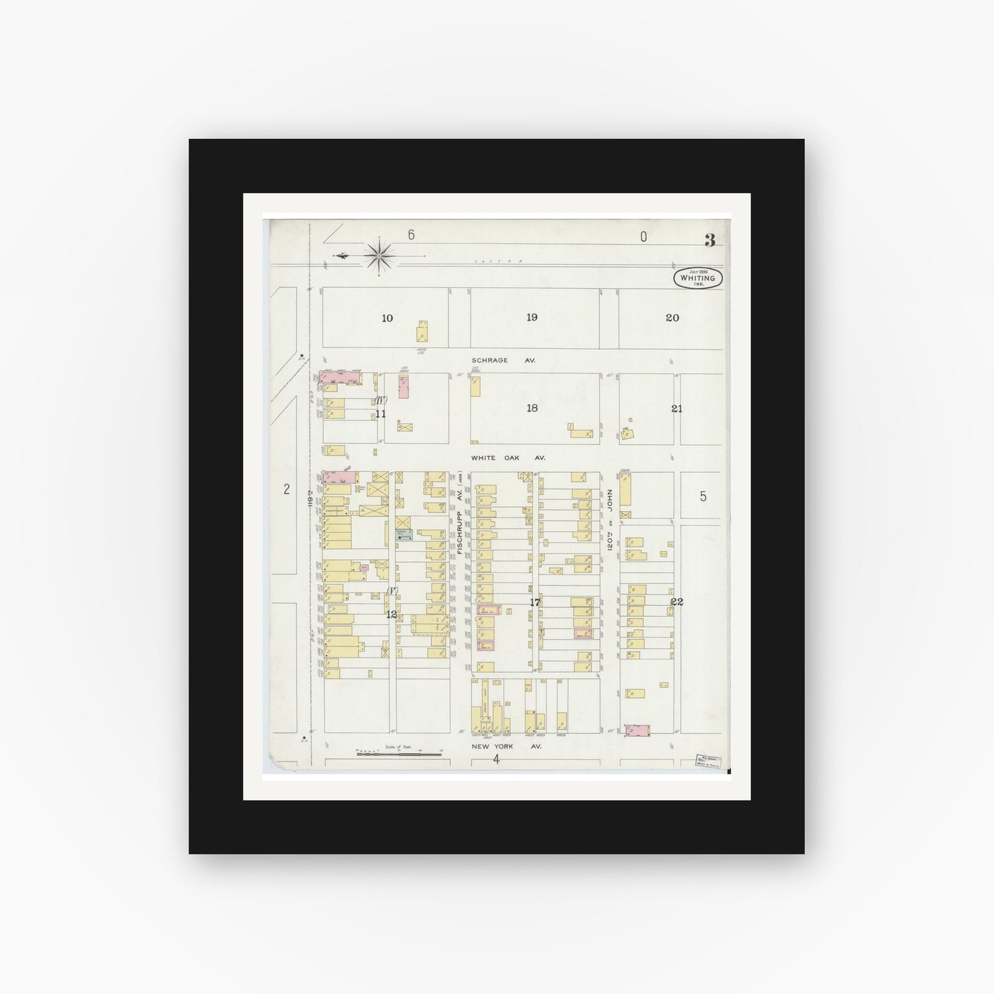 Old map wall art mockup — black gallery frame with white mat — Sanborn Fire Insurance Map from Whiting, Lake County, Indiana (1896), Sheet #0003