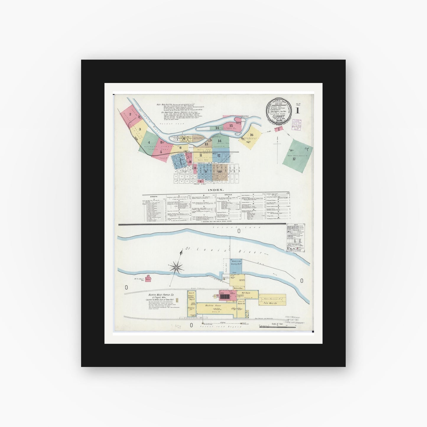 Old map wall art mockup — black gallery frame with white mat — Sanborn Fire Insurance Map from Cloquet, Carlton County, Minnesota (1901) - Complete Map Set