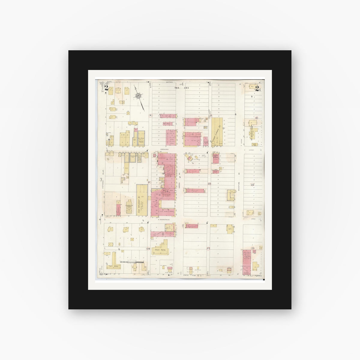 Old map wall art mockup — black gallery frame with white mat — Sanborn Fire Insurance Map from Taft, San Patricio County, Texas (1942), Sheet #0002