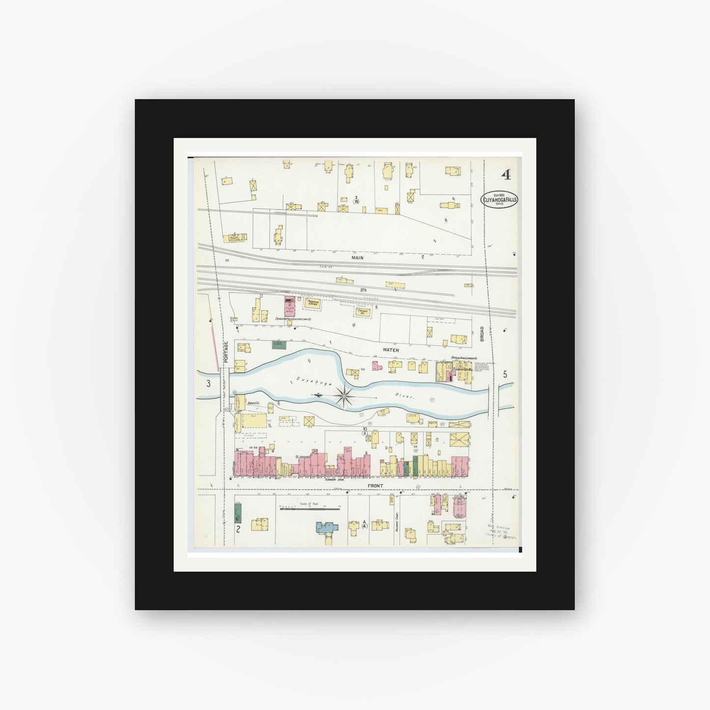 Old map wall art mockup — black gallery frame with white mat — Sanborn Fire Insurance Map from Cuyahoga Falls, Summit County, Ohio (1901), Sheet #0004