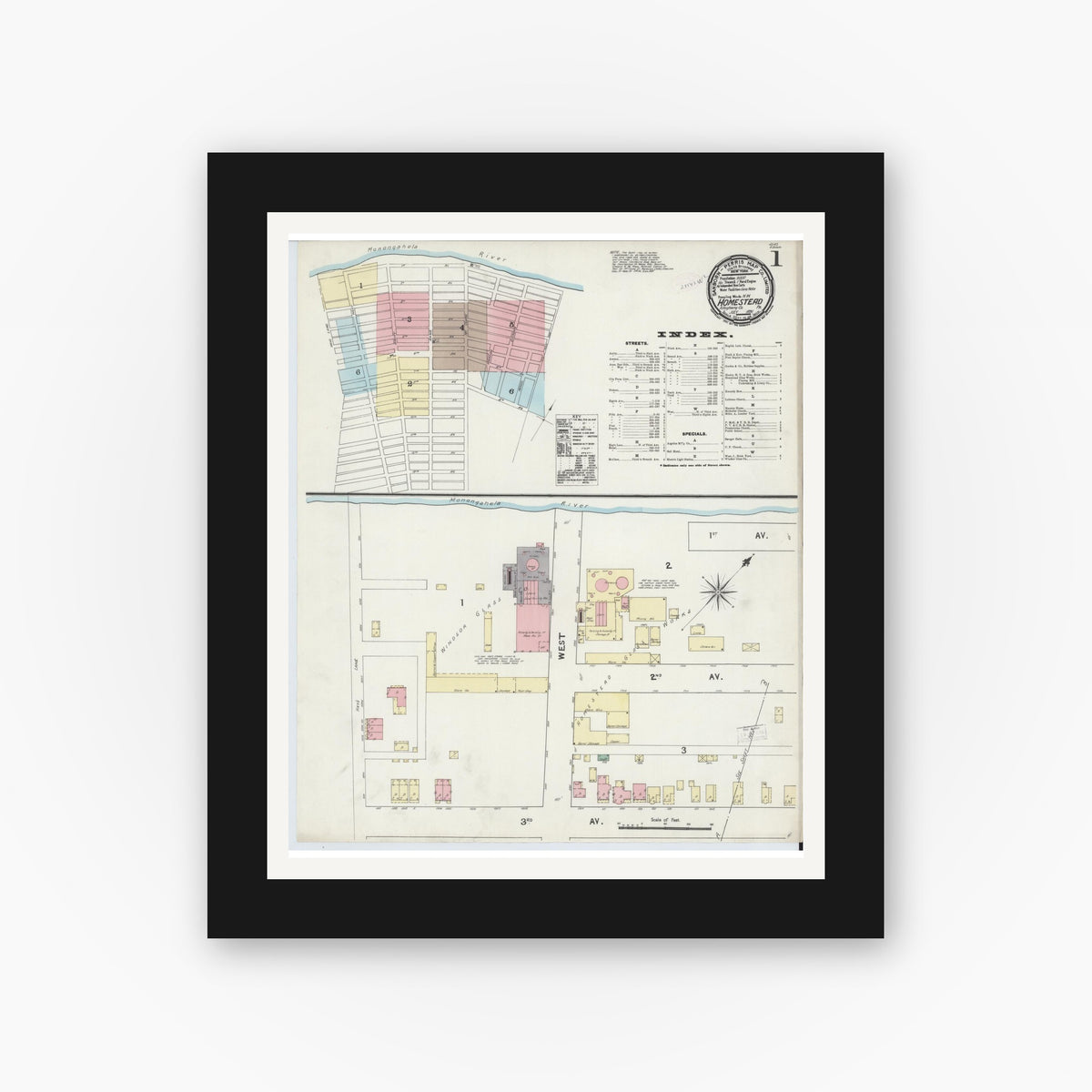 Old map wall art mockup — black gallery frame with white mat — Sanborn Fire Insurance Map from Homestead, Allegheny County, Pennsylvania (1891) - Complete Map Set