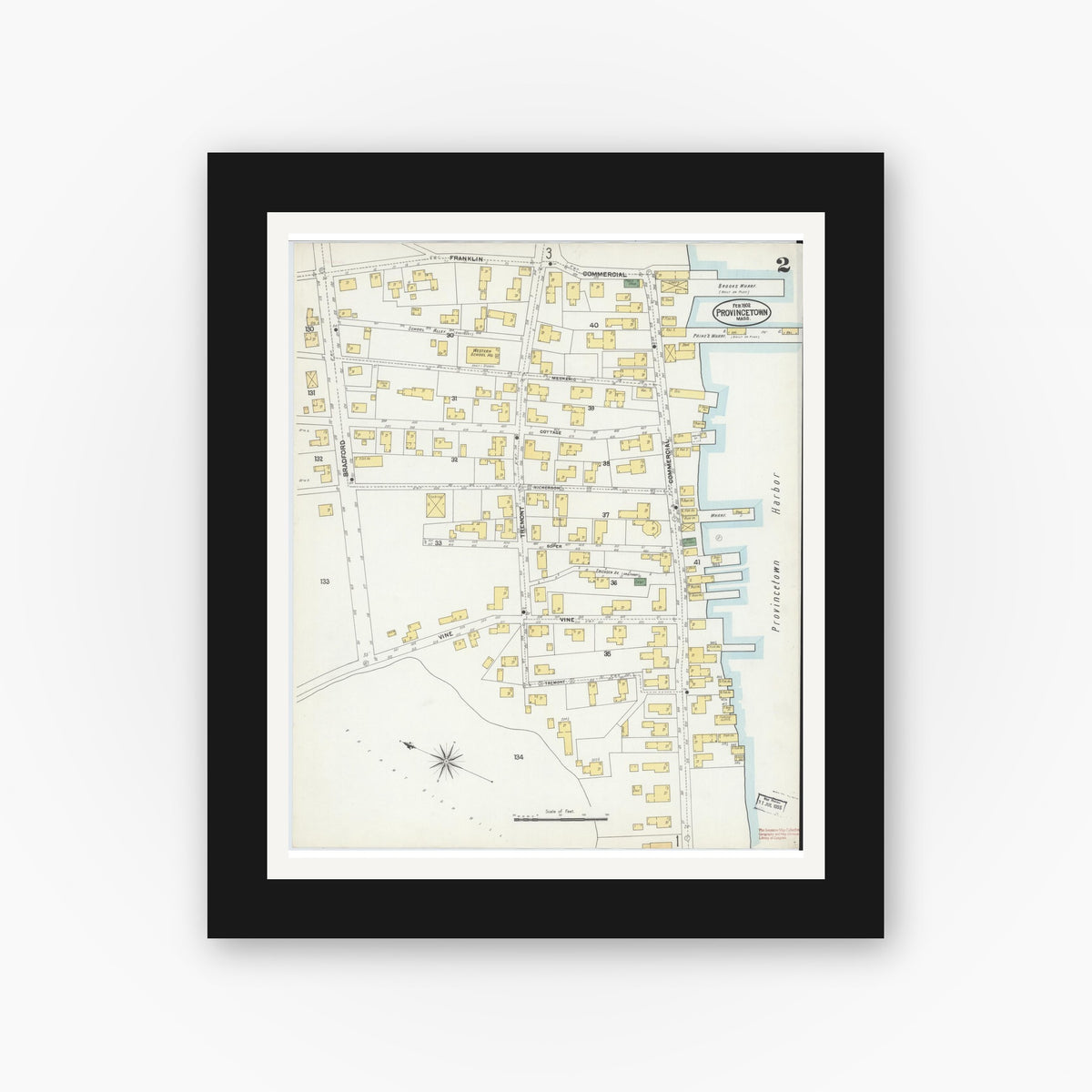 Old map wall art mockup — black gallery frame with white mat — Sanborn Fire Insurance Map from Provincetown, Barnstable County, Massachusetts (1902), Sheet #0002