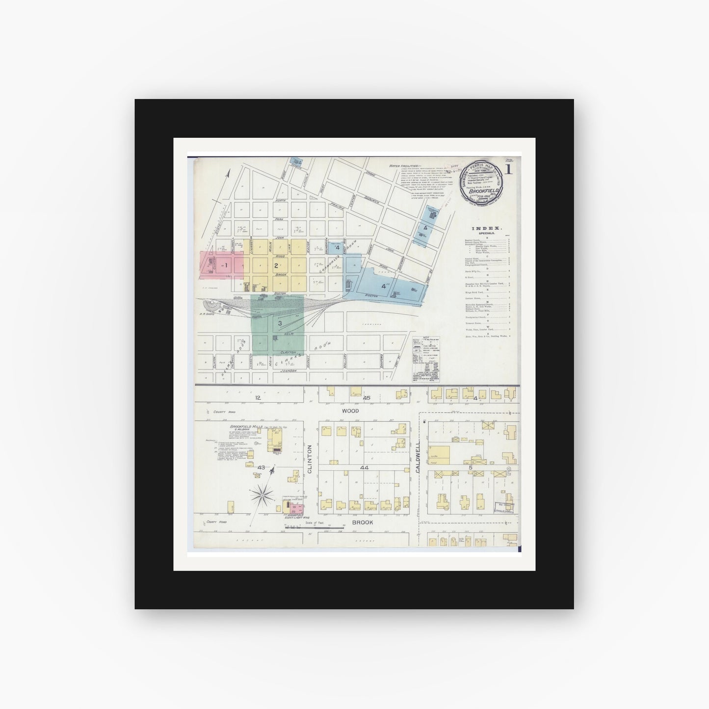 Old map wall art mockup — black gallery frame with white mat — Sanborn Fire Insurance Map from Brookfield, Linn County, Missouri (1893) - Complete Map Set