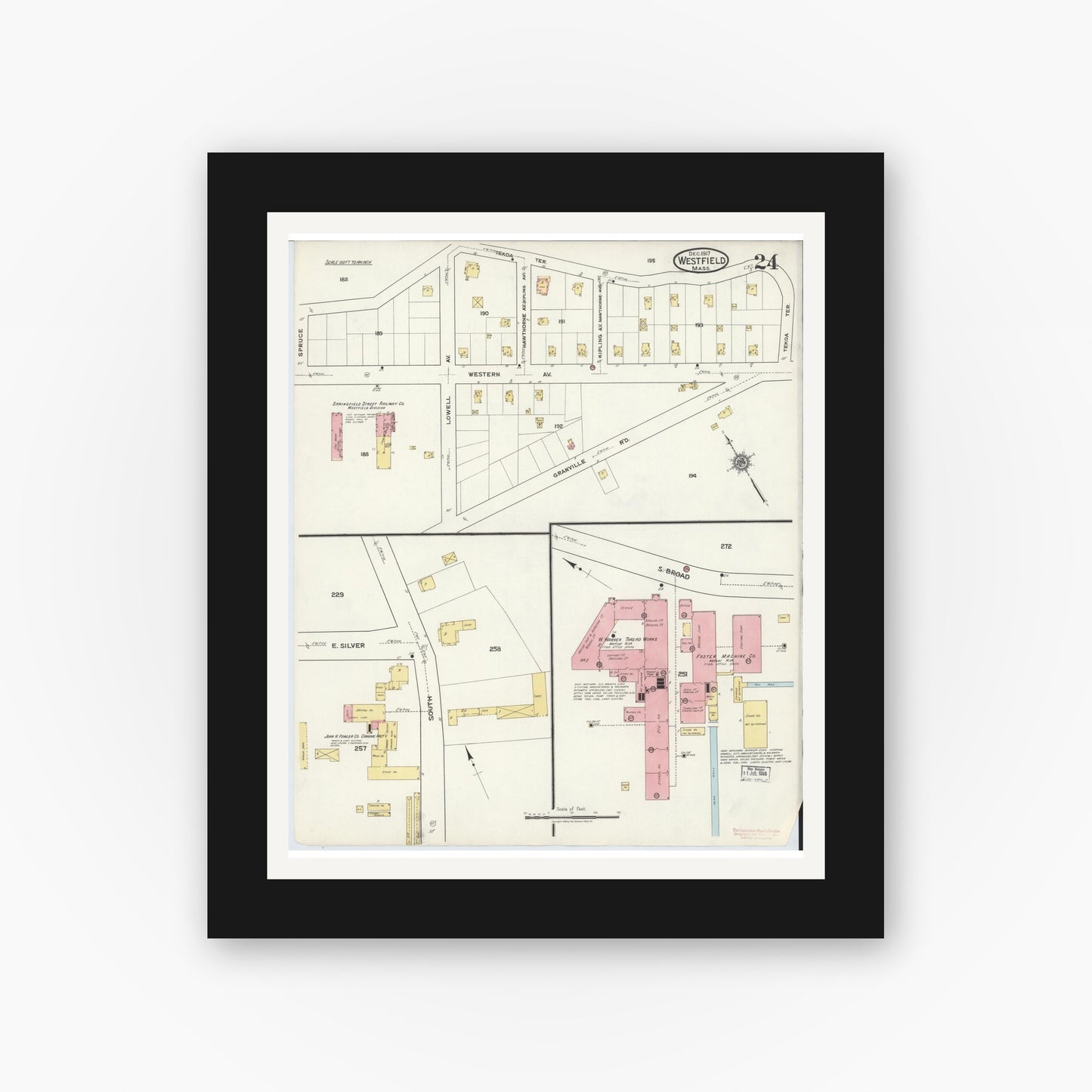 Old map wall art mockup — black gallery frame with white mat — Sanborn Fire Insurance Map from Westfield, Hampden County, Massachusetts (1917), Sheet #0024