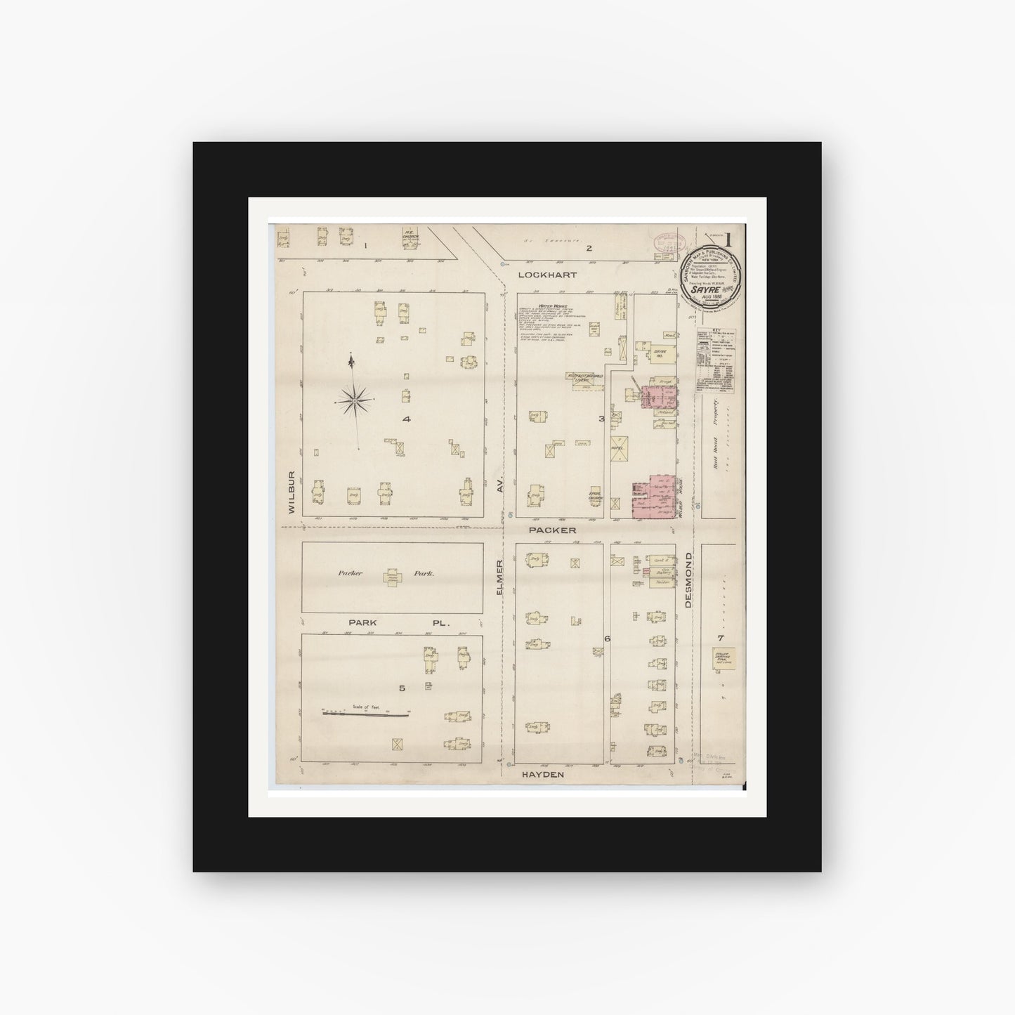 Old map wall art mockup — black gallery frame with white mat — Sanborn Fire Insurance Map from Sayre, Bradford County, Pennsylvania (1885) - Complete Map Set