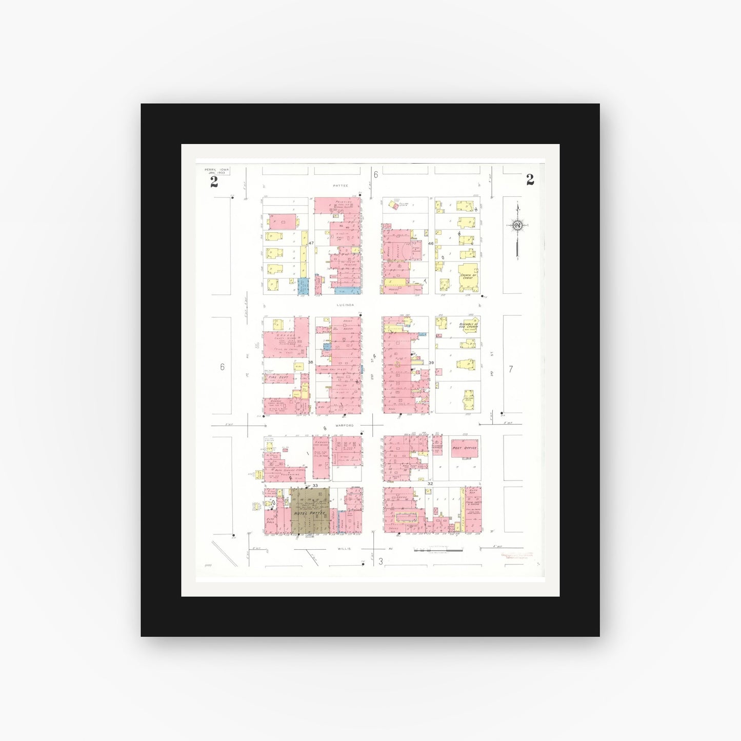 Old map wall art mockup β black gallery frame with white mat β Sanborn Fire Insurance Map from Perry, Dallas County, Iowa (1933), Sheet #0002