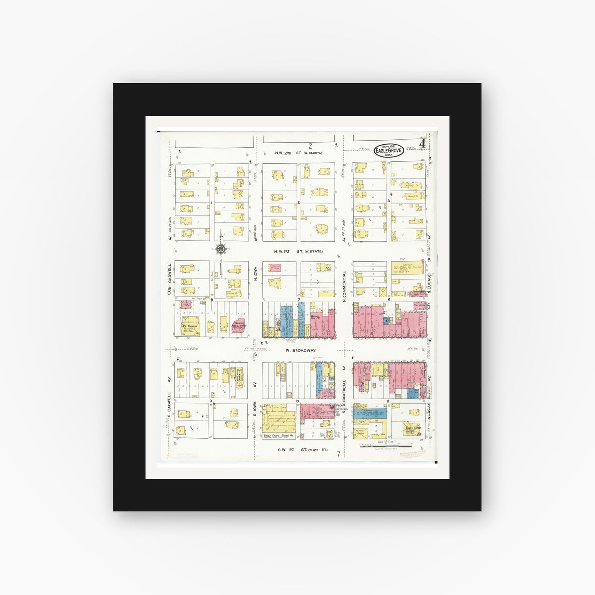 Old map wall art mockup — black gallery frame with white mat — Sanborn Fire Insurance Map from Eagle Grove, Wright County, Iowa (1921), Sheet #0004