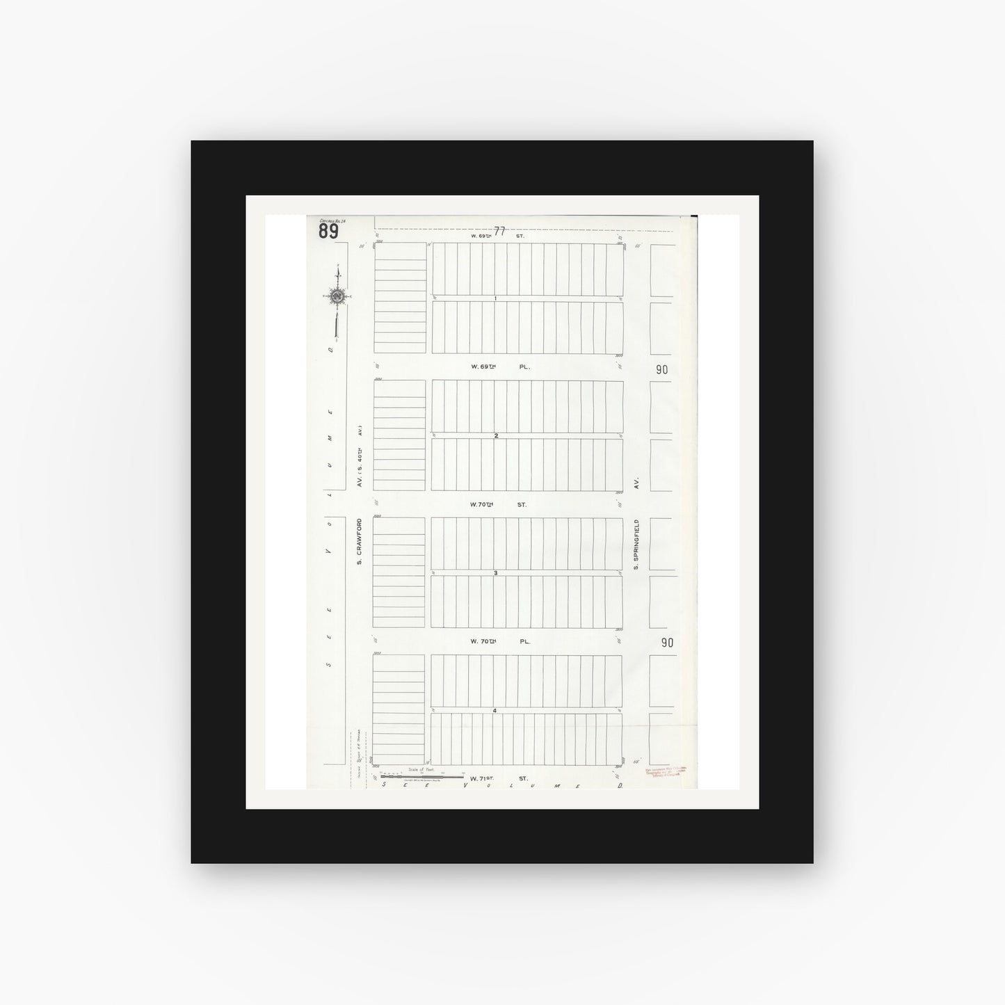 Old map wall art mockup — black gallery frame with white mat — Sanborn Fire Insurance Map from Chicago, Cook County, Illinois (1920), Sheet #0089