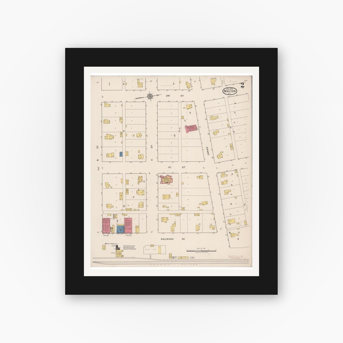 Old map wall art mockup — black gallery frame with white mat — Sanborn Fire Insurance Map from Macon, Macon County, Illinois (1922), Sheet #0002