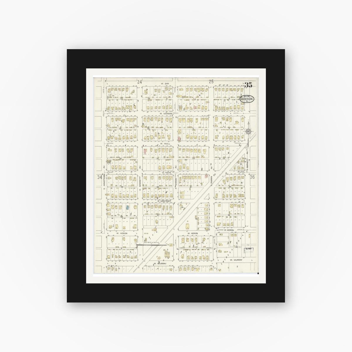 Old map wall art mockup — black gallery frame with white mat — Sanborn Fire Insurance Map from Denison, Grayson County, Texas (1914), Sheet #0035