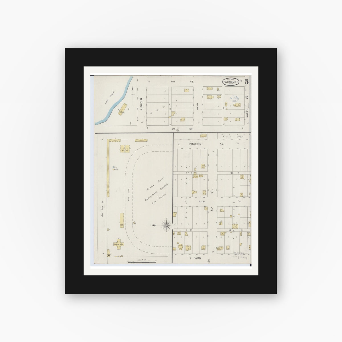 Old map wall art mockup — black gallery frame with white mat — Sanborn Fire Insurance Map from Fairmont, Martin County, Minnesota (1894), Sheet #0005