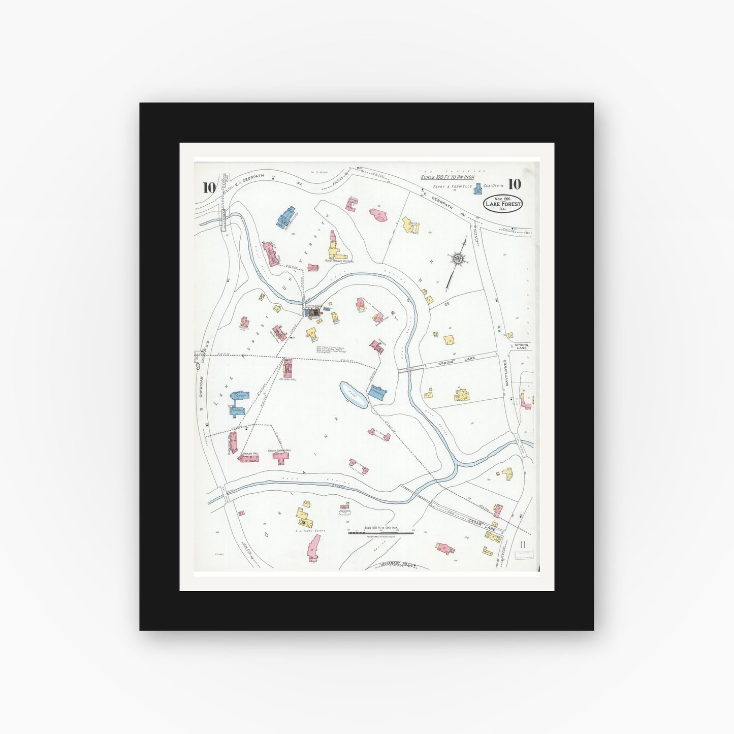 Old map wall art mockup — black gallery frame with white mat — Sanborn Fire Insurance Map from Lake Forest, Lake County, Illinois (1926), Sheet #0010