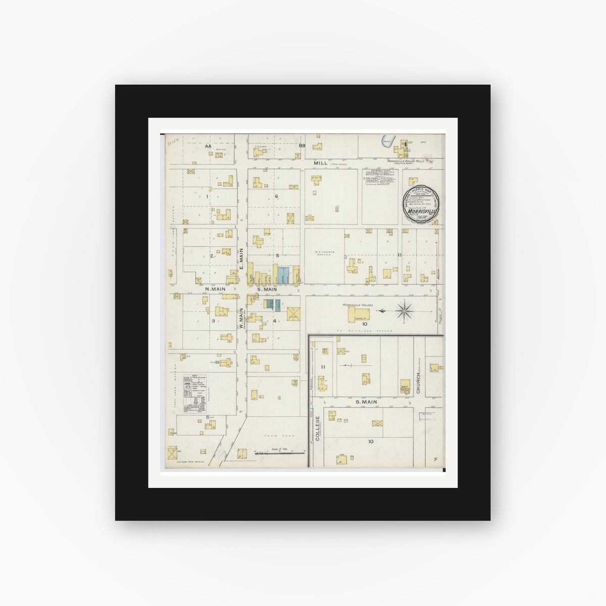 Old map wall art mockup — black gallery frame with white mat — Sanborn Fire Insurance Map from Morrisville, Polk County, Missouri (1893), Sheet #0001