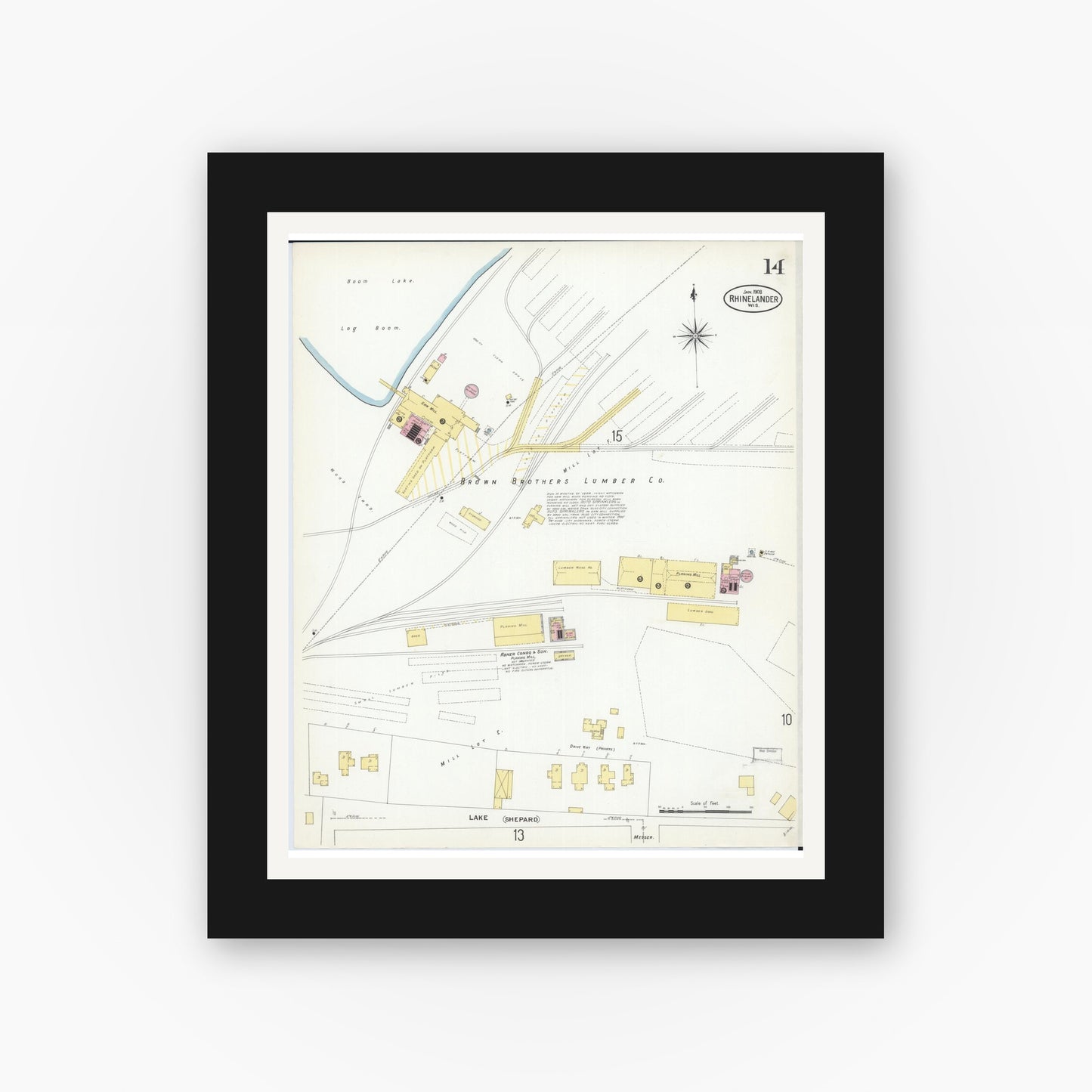 Old map wall art mockup — black gallery frame with white mat — Sanborn Fire Insurance Map from Rhinelander, Oneida County, Wisconsin (1908), Sheet #0014