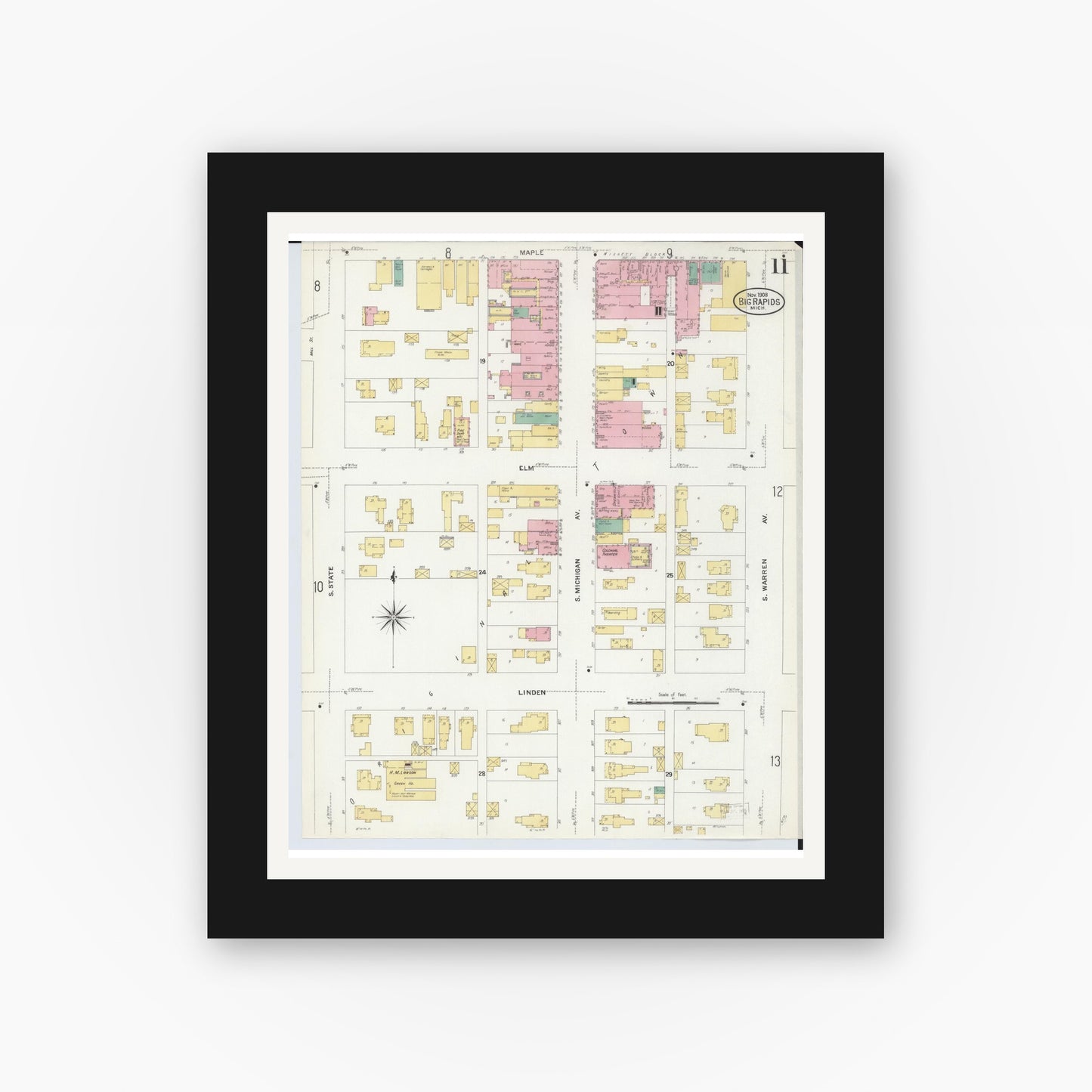 Old map wall art mockup — black gallery frame with white mat — Sanborn Fire Insurance Map from Big Rapids, Mecosta County, Michigan (1908), Sheet #0011