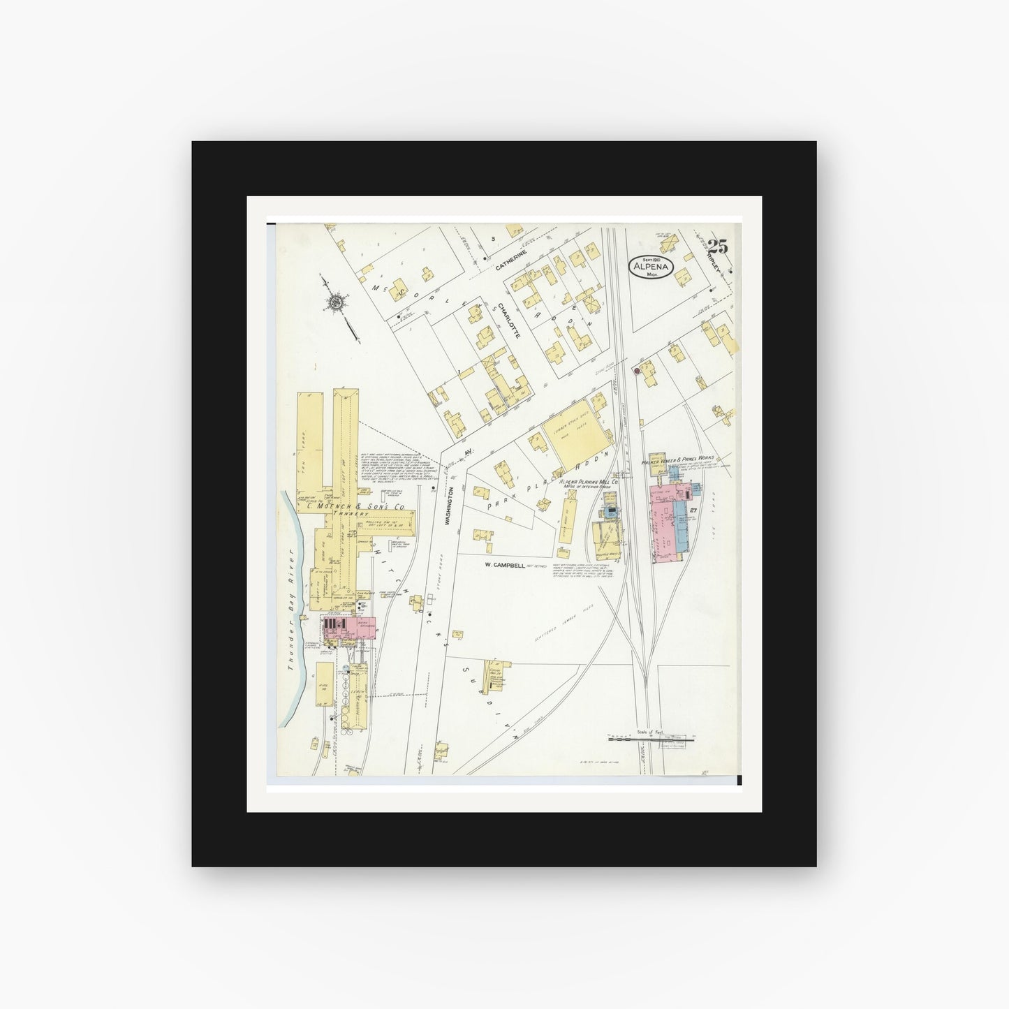Old map wall art mockup — black gallery frame with white mat — Sanborn Fire Insurance Map from Alpena, Alpena County, Michigan (1910), Sheet #0025