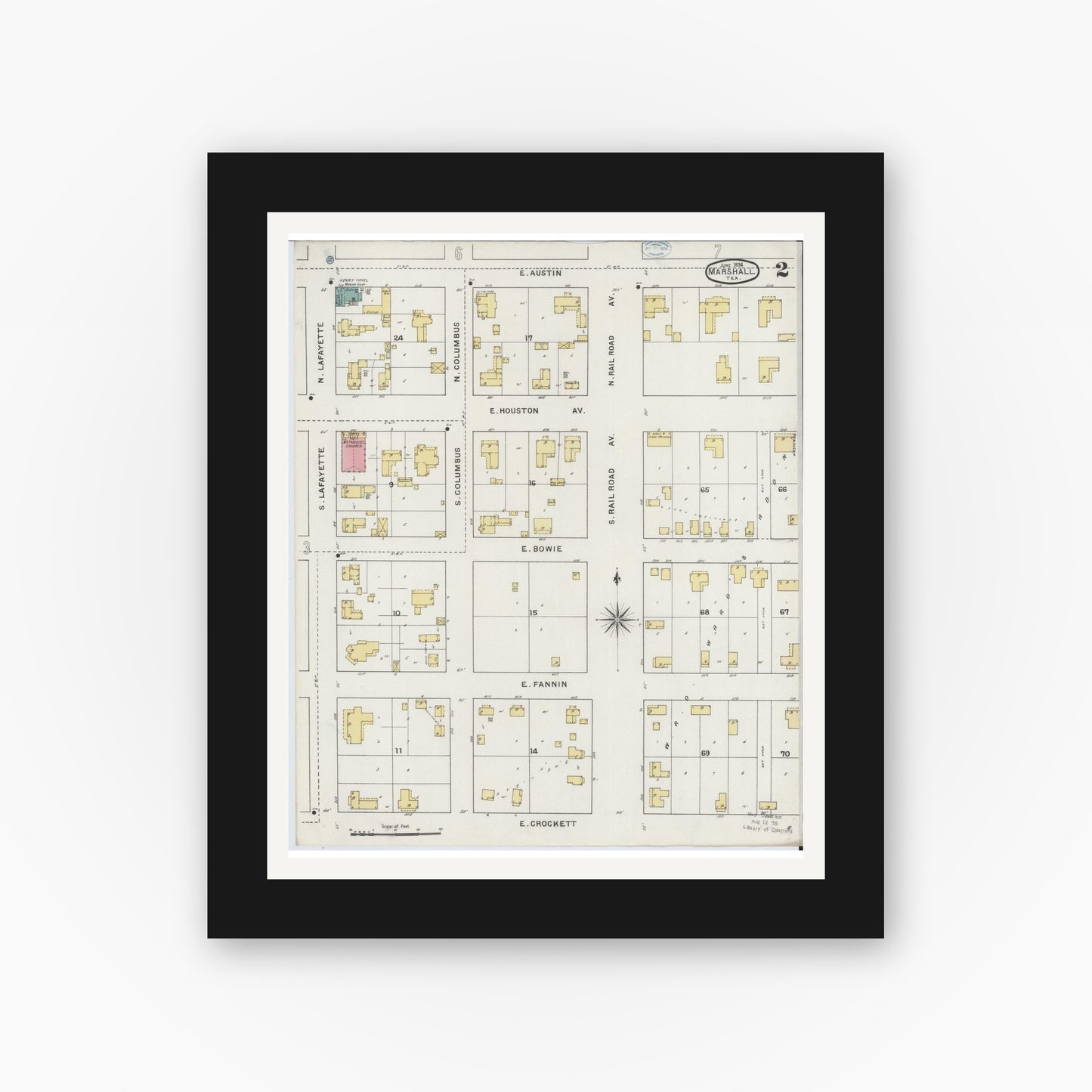 Old map wall art mockup — black gallery frame with white mat — Sanborn Fire Insurance Map from Marshall, Harrison County, Texas (1894), Sheet #0002