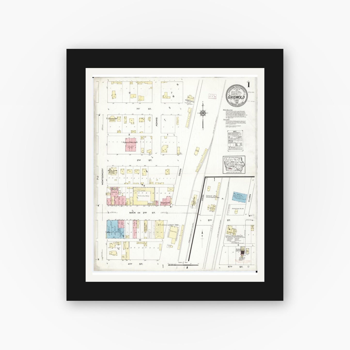 Old map wall art mockup — black gallery frame with white mat — Sanborn Fire Insurance Map from Griswold, Cass County, Iowa (1914), Sheet #0001