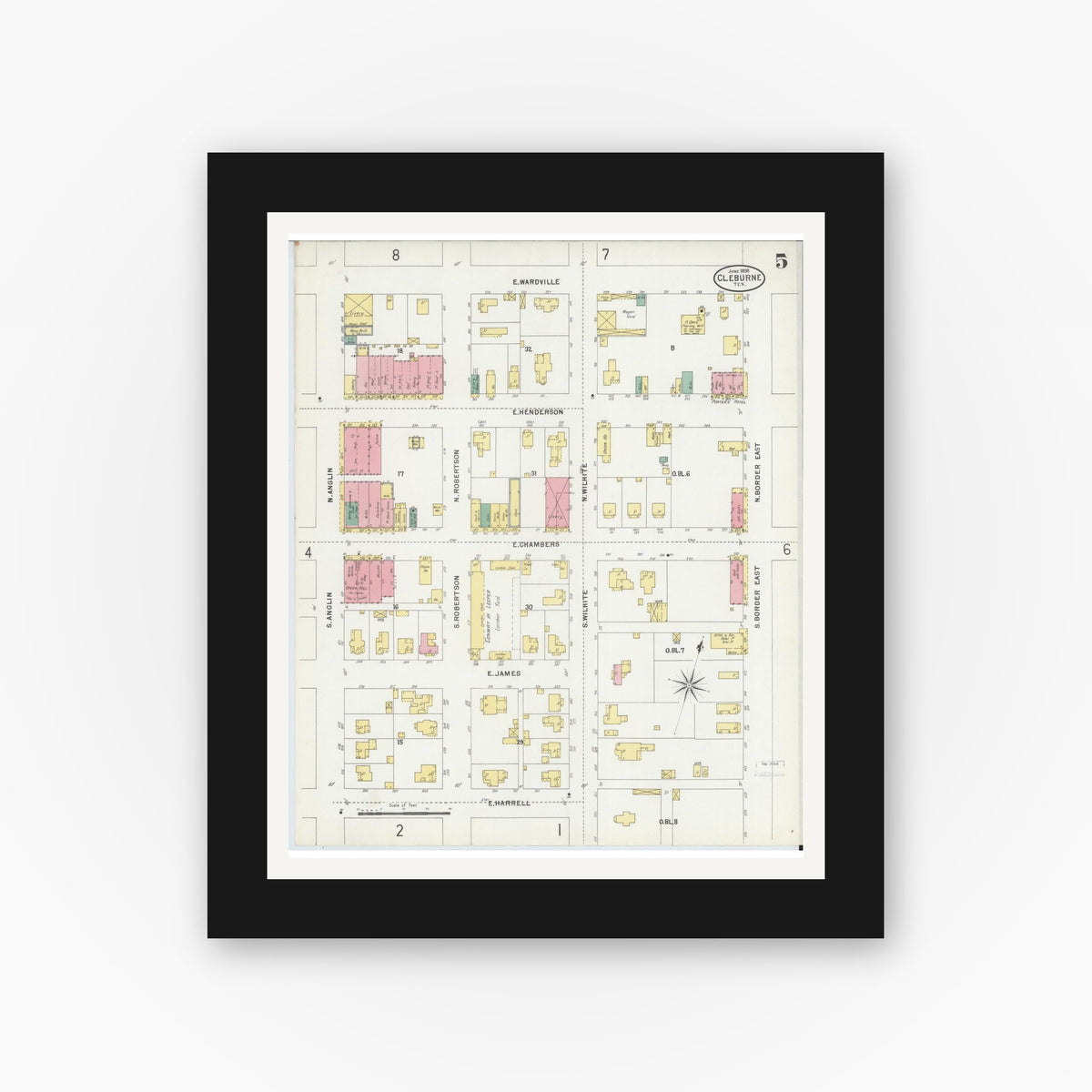 Old map wall art mockup — black gallery frame with white mat — Sanborn Fire Insurance Map from Cleburne, Johnson County, Texas (1898), Sheet #0005