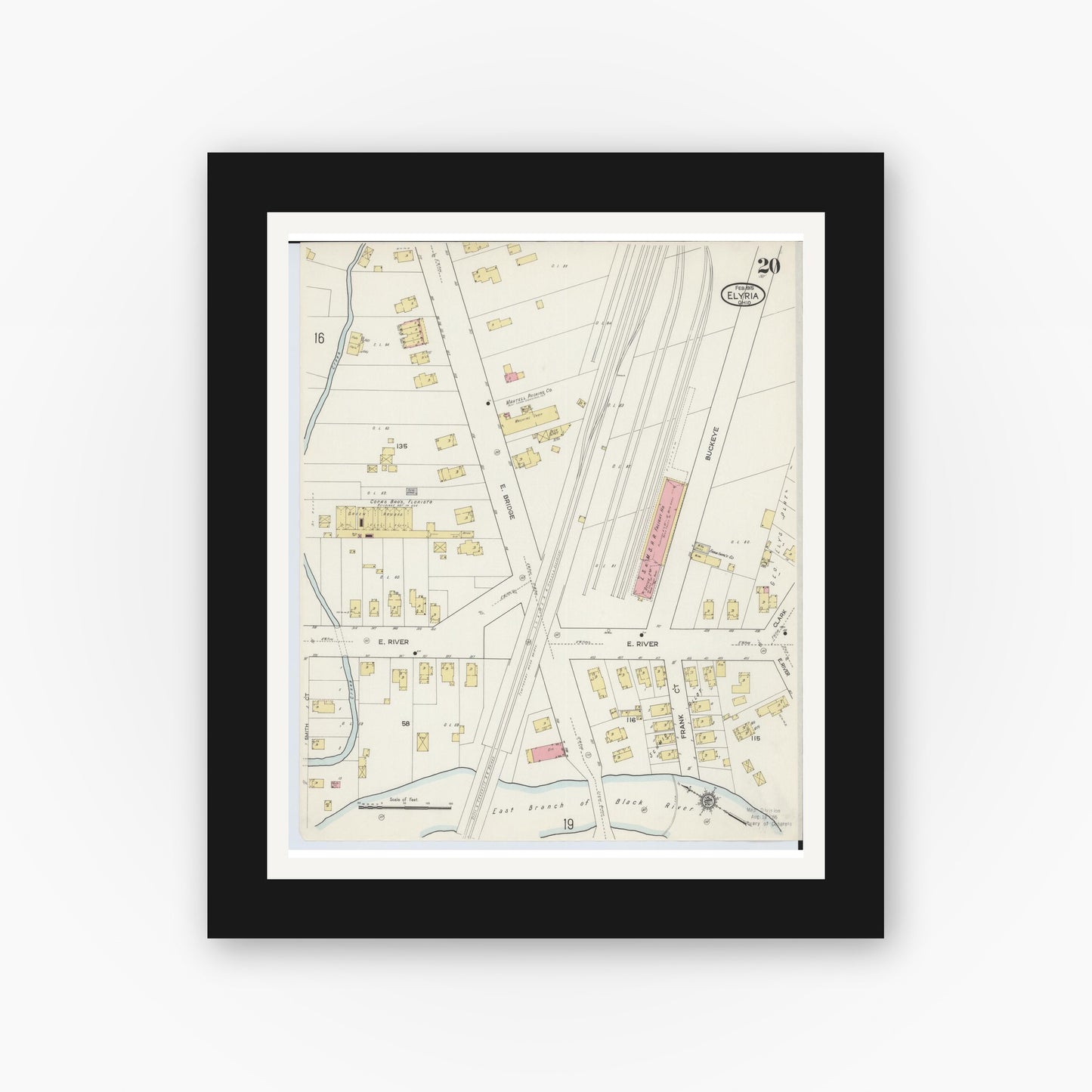 Old map wall art mockup — black gallery frame with white mat — Sanborn Fire Insurance Map from Elyria, Lorain County, Ohio (1915), Sheet #0020