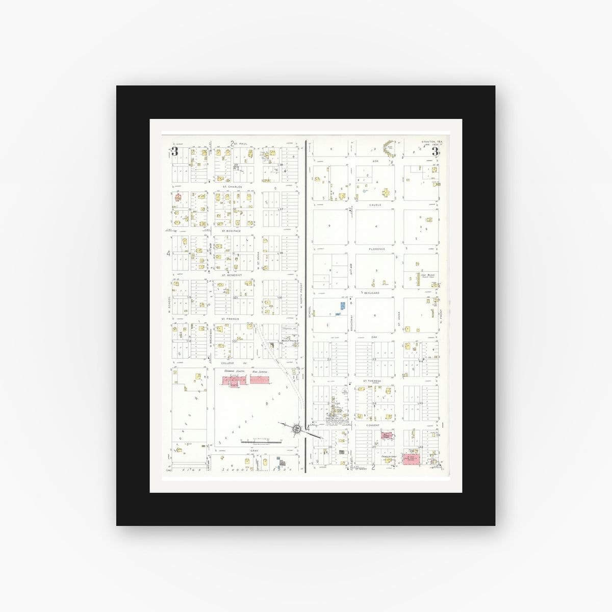 Old map wall art mockup — black gallery frame with white mat — Sanborn Fire Insurance Map from Stanton, Martin County, Texas (1935), Sheet #0003