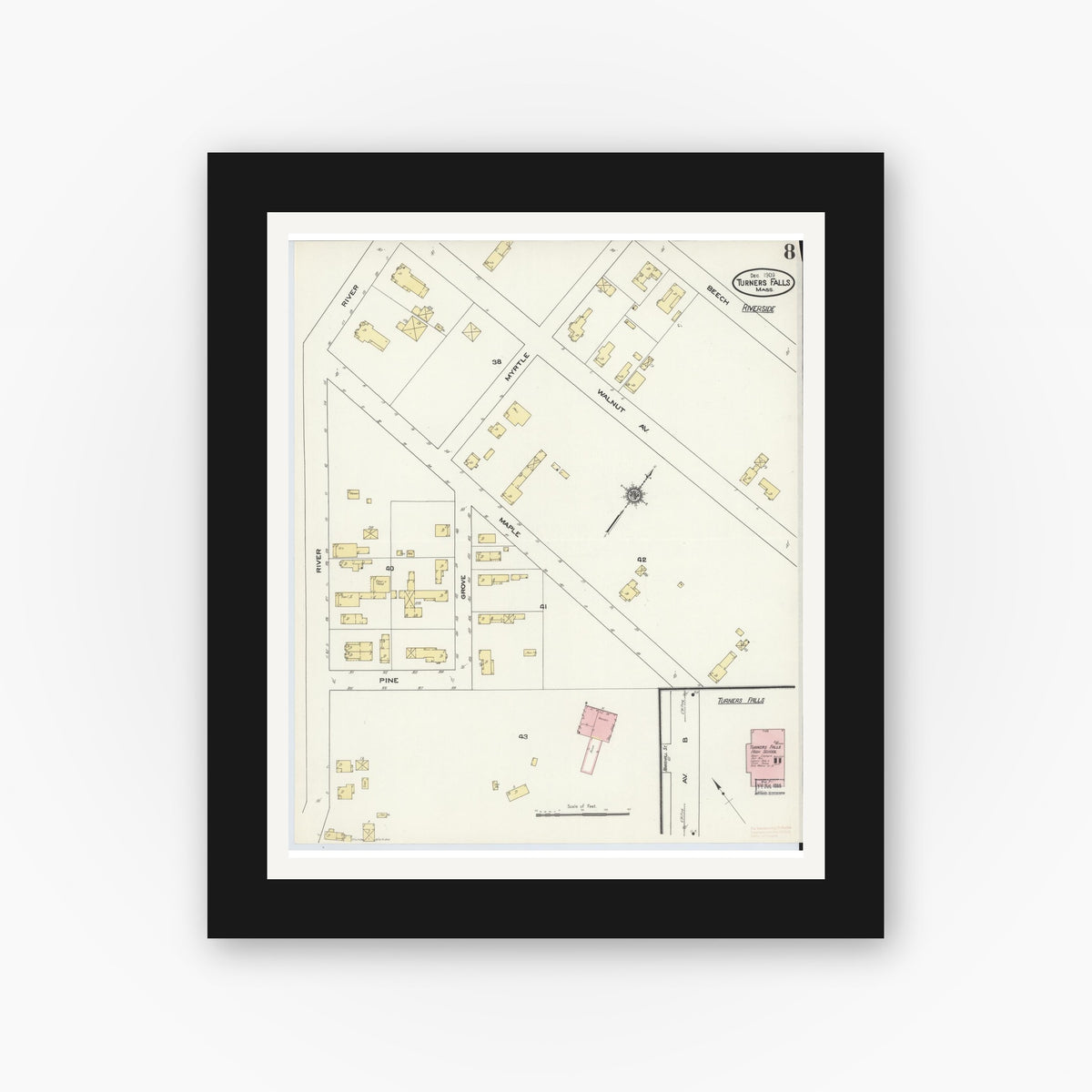 Old map wall art mockup — black gallery frame with white mat — Sanborn Fire Insurance Map from Turners Falls, Franklin County, Massachusetts (1909), Sheet #0008