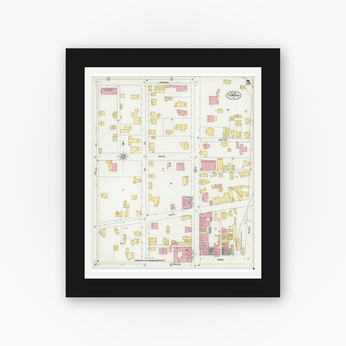 Old map wall art mockup — black gallery frame with white mat — Sanborn Fire Insurance Map from Towanda, Bradford County, Pennsylvania (1903), Sheet #0005
