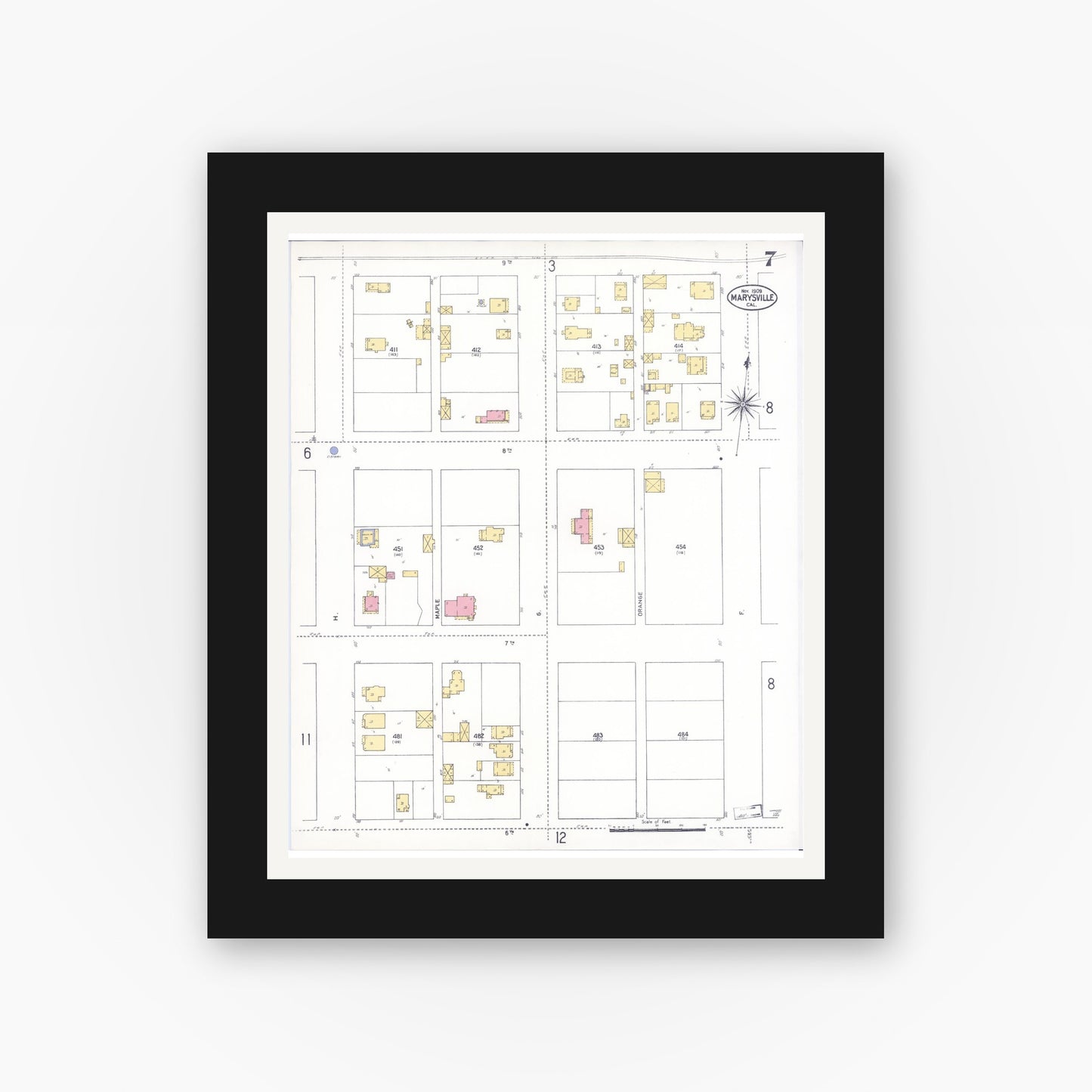 Old map wall art mockup — black gallery frame with white mat — Sanborn Fire Insurance Map from Marysville, Yuba County, California (1909), Sheet #0007