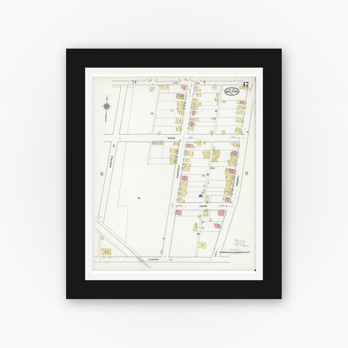 Old map wall art mockup — black gallery frame with white mat — Sanborn Fire Insurance Map from Milton, Northumberland County, Pennsylvania (1918), Sheet #0017