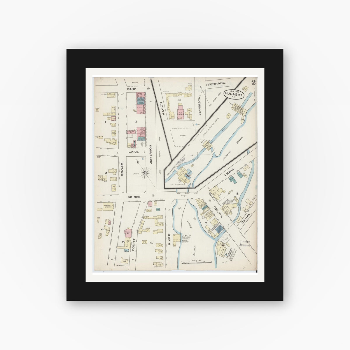 Old map wall art mockup — black gallery frame with white mat — Sanborn Fire Insurance Map from Pulaski, Oswego County, New York (1885), Sheet #0002