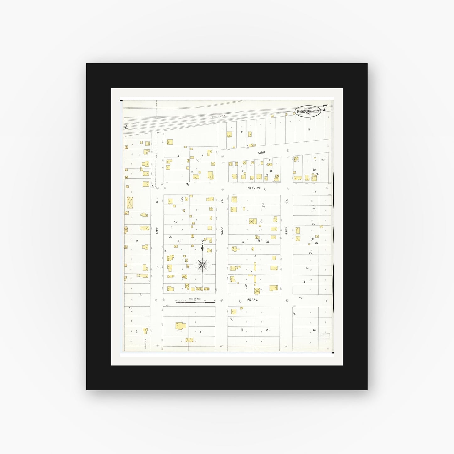 Old map wall art mockup — black gallery frame with white mat — Sanborn Fire Insurance Map from Missouri Valley, Harrison County, Iowa (1901), Sheet #0007