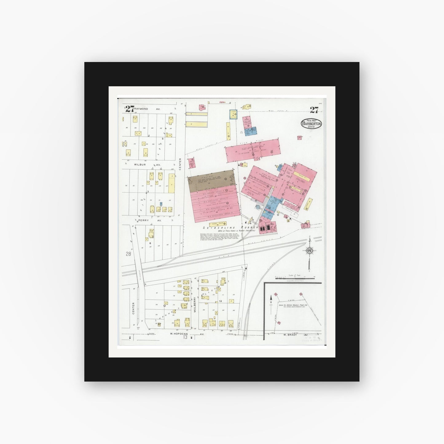Old map wall art mockup — black gallery frame with white mat — Sanborn Fire Insurance Map from Barberton, Summit County, Ohio (1927), Sheet #0027