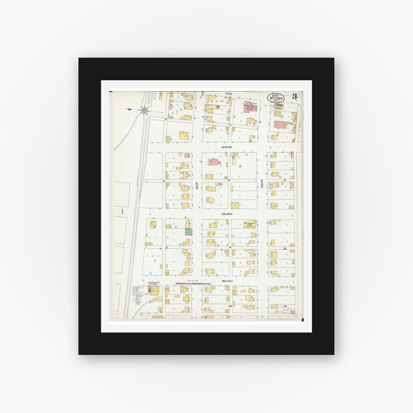 Old map wall art mockup — black gallery frame with white mat — Sanborn Fire Insurance Map from McComb, Hancock County, Ohio (1901), Sheet #0003