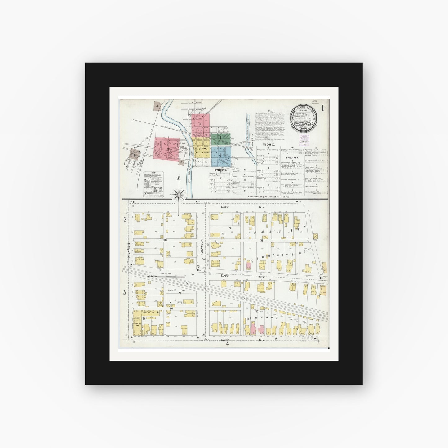 Old map wall art mockup — black gallery frame with white mat — Sanborn Fire Insurance Map from Uhrichsville, Tuscarawas County, Ohio (1901) - Complete Map Set