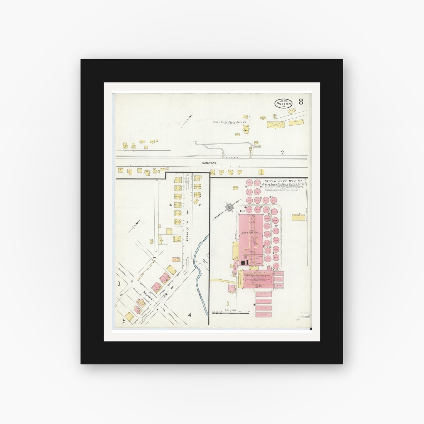Old map wall art mockup — black gallery frame with white mat — Sanborn Fire Insurance Map from Patton, Cambria County, Pennsylvania (1910), Sheet #0008
