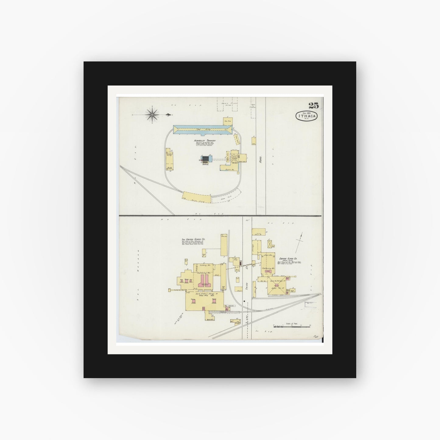 Old map wall art mockup — black gallery frame with white mat — Sanborn Fire Insurance Map from Ithaca, Tompkins County, New York (1893), Sheet #0025