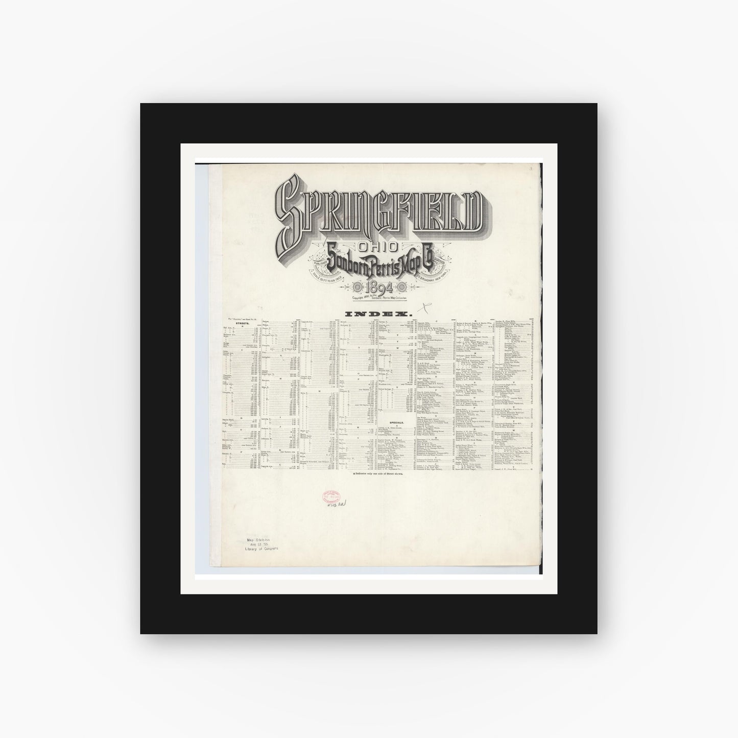 Old map wall art mockup — black gallery frame with white mat — Sanborn Fire Insurance Map from Springfield, Clark County, Ohio (1894), Sheet #0001