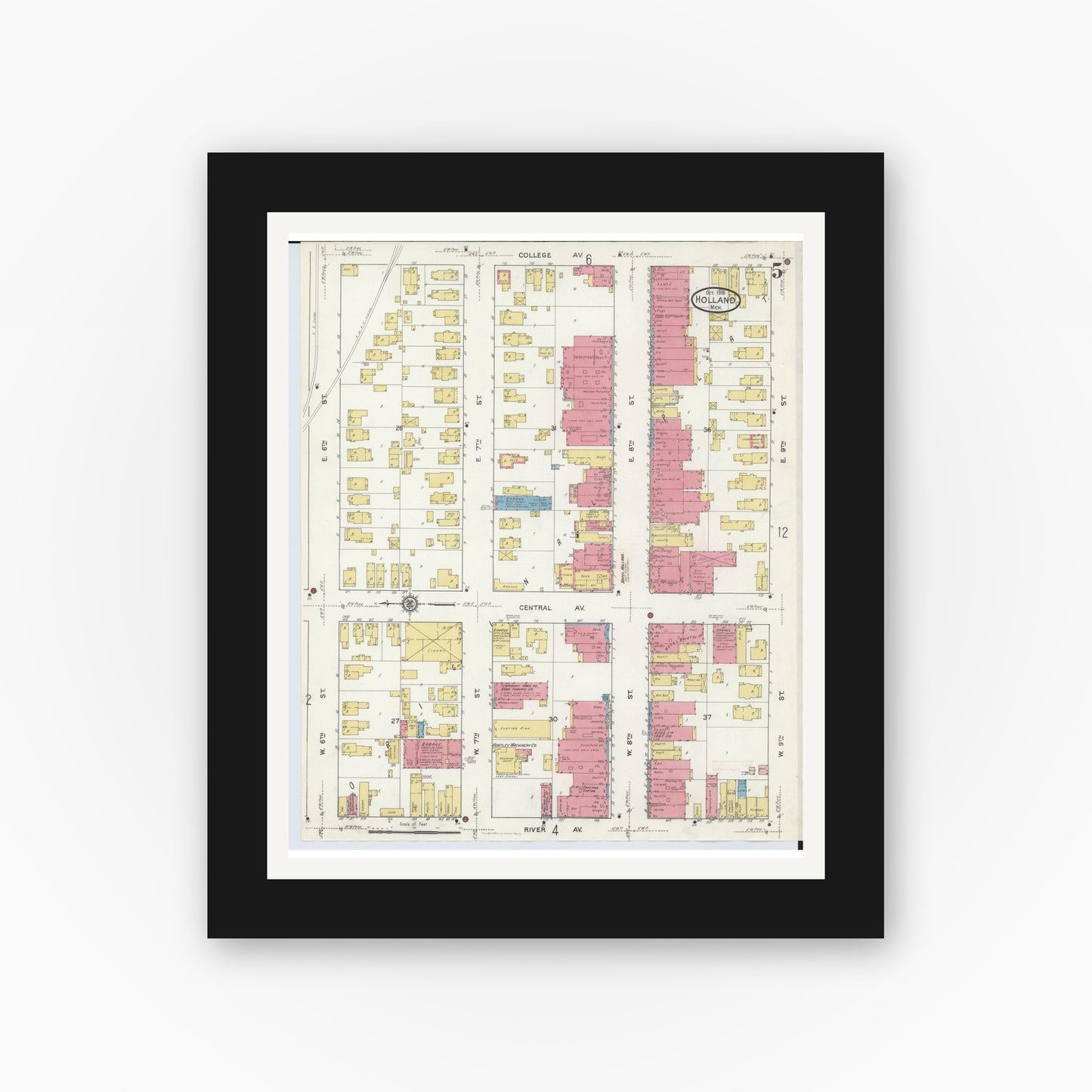 Old map wall art mockup — black gallery frame with white mat — Sanborn Fire Insurance Map from Holland, Ottawa County, Michigan (1916), Sheet #0005