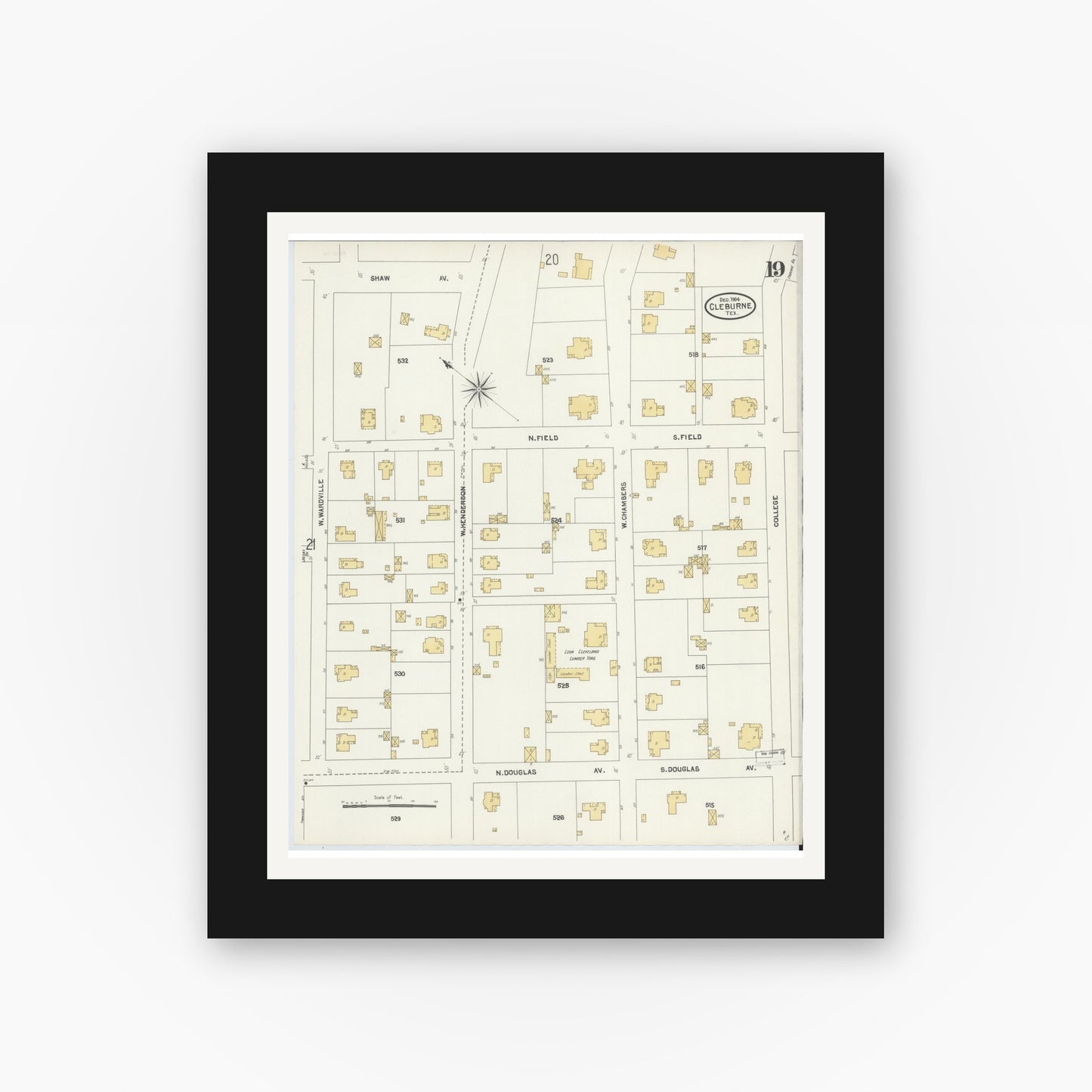 Old map wall art mockup — black gallery frame with white mat — Sanborn Fire Insurance Map from Cleburne, Johnson County, Texas (1904), Sheet #0019