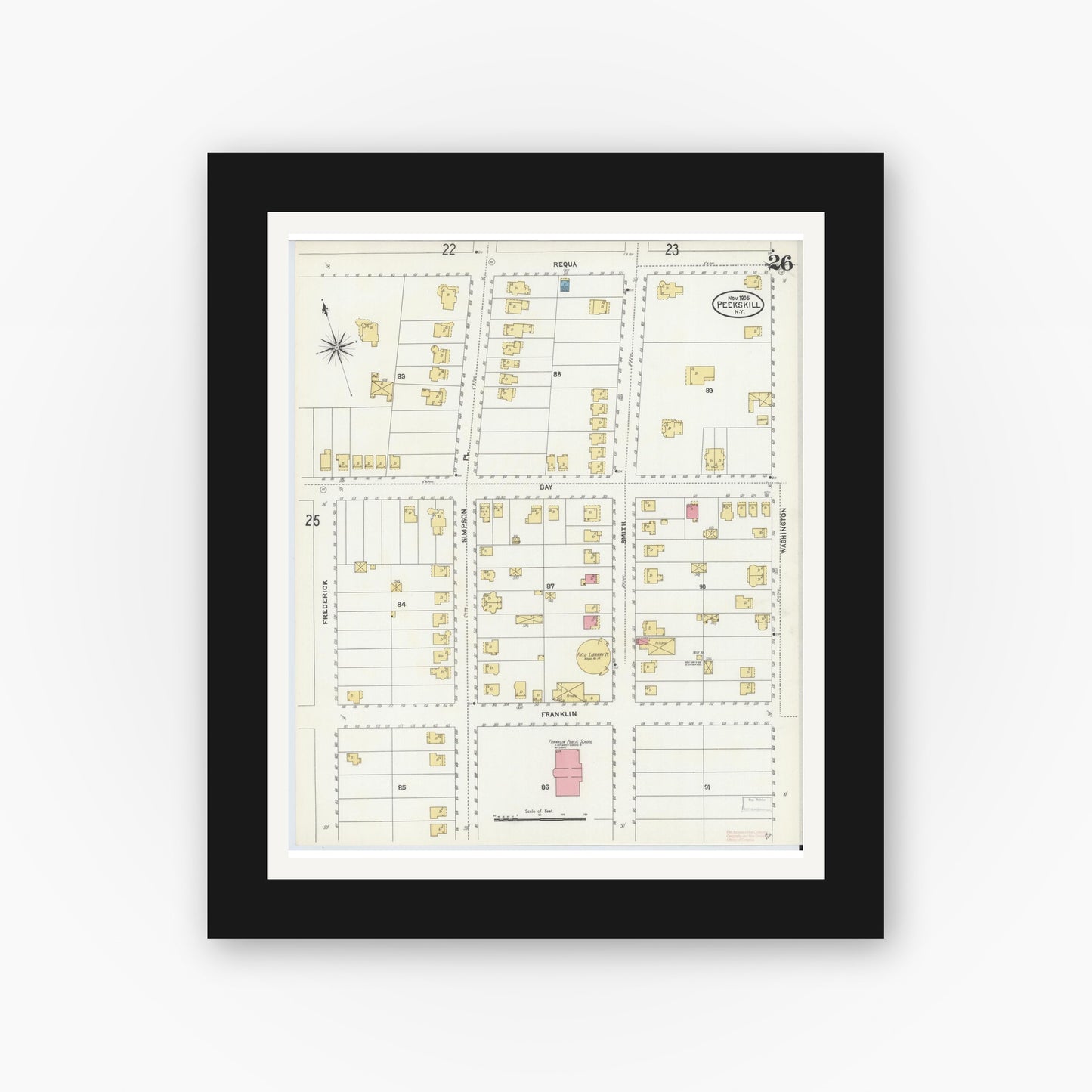 Old map wall art mockup — black gallery frame with white mat — Sanborn Fire Insurance Map from Peekskill, Westchester County, New York (1905), Sheet #0026