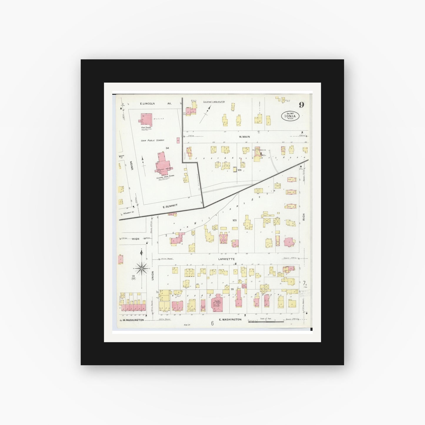 Old map wall art mockup — black gallery frame with white mat — Sanborn Fire Insurance Map from Ionia, Ionia County, Michigan (1907), Sheet #0009