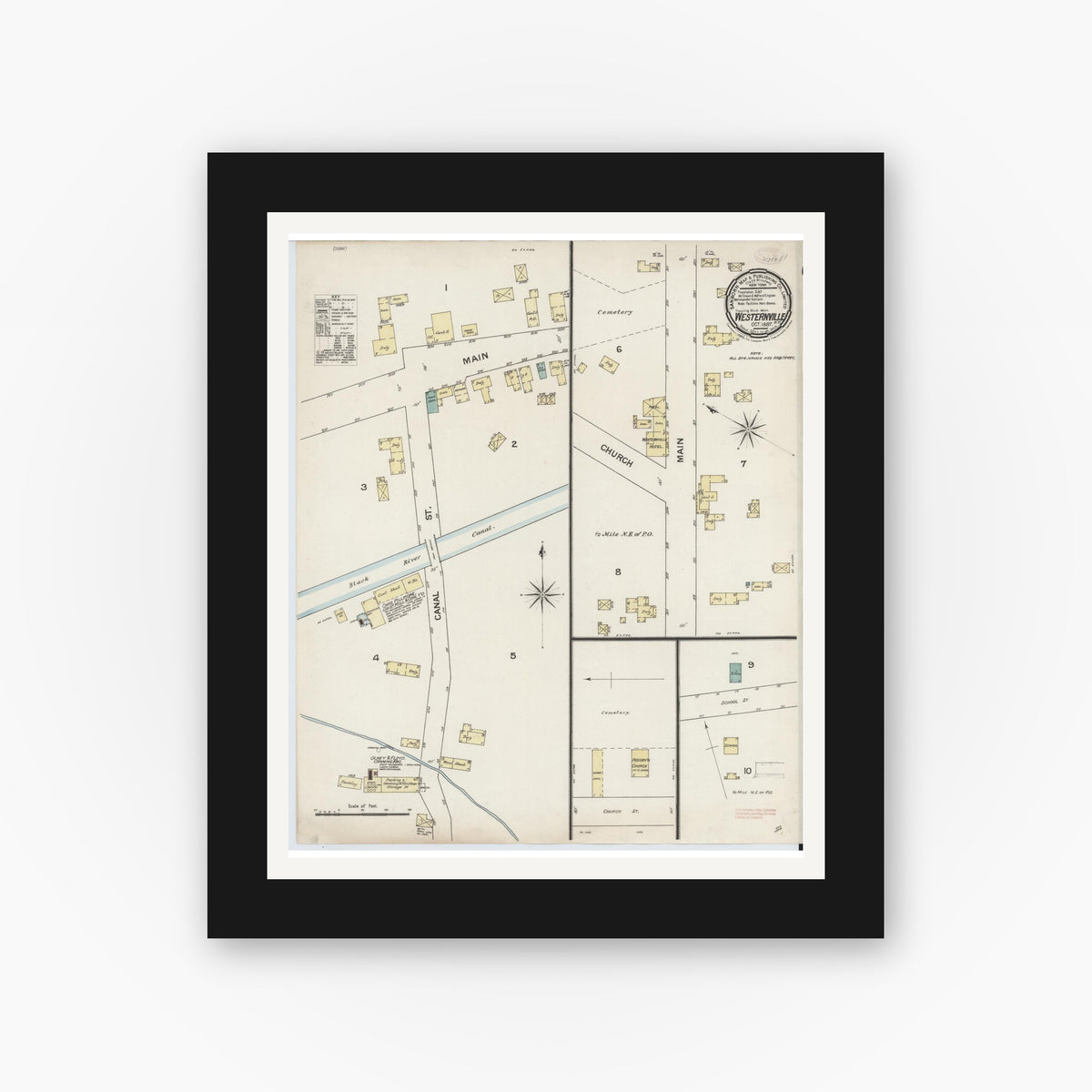 Old map wall art mockup — black gallery frame with white mat — Sanborn Fire Insurance Map from Westernville, Oneida County, New York (1887), Sheet #0001