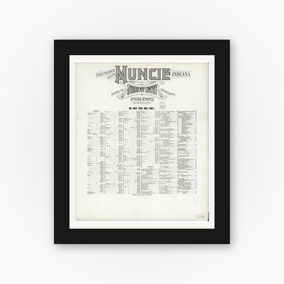 Old map wall art mockup — black gallery frame with white mat — Sanborn Fire Insurance Map from Muncie, Delaware County, Indiana (1902), Sheet #0001