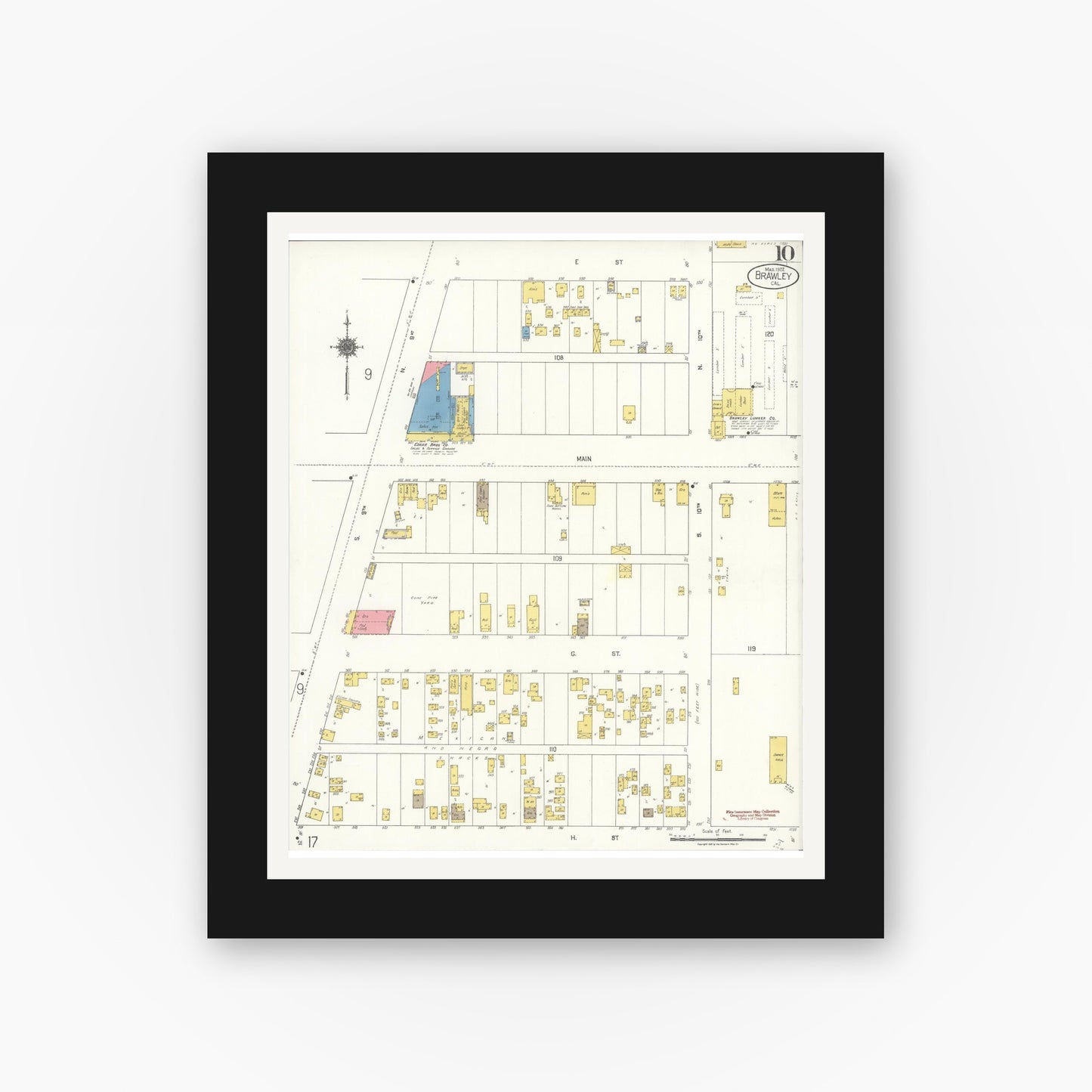 Old map wall art mockup — black gallery frame with white mat — Sanborn Fire Insurance Map from Brawley, Imperial County, California (1922), Sheet #0010